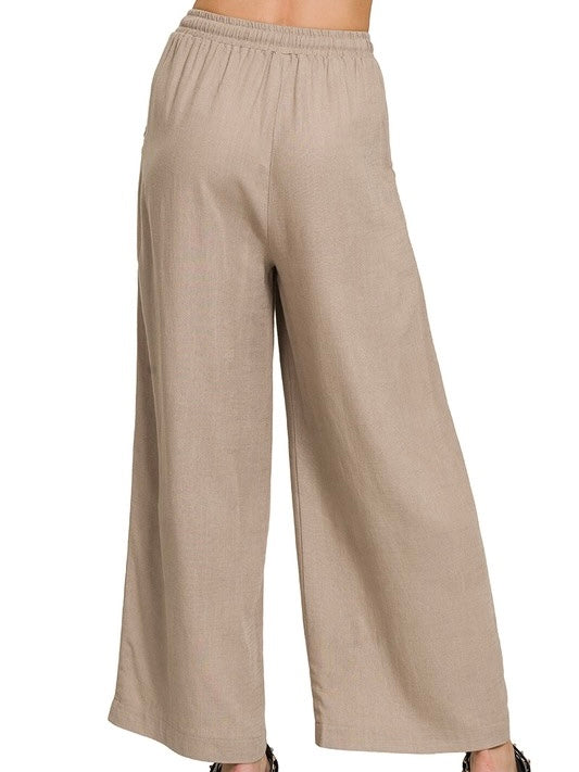 Wide Leg Linen Blend Pants With Pockets
