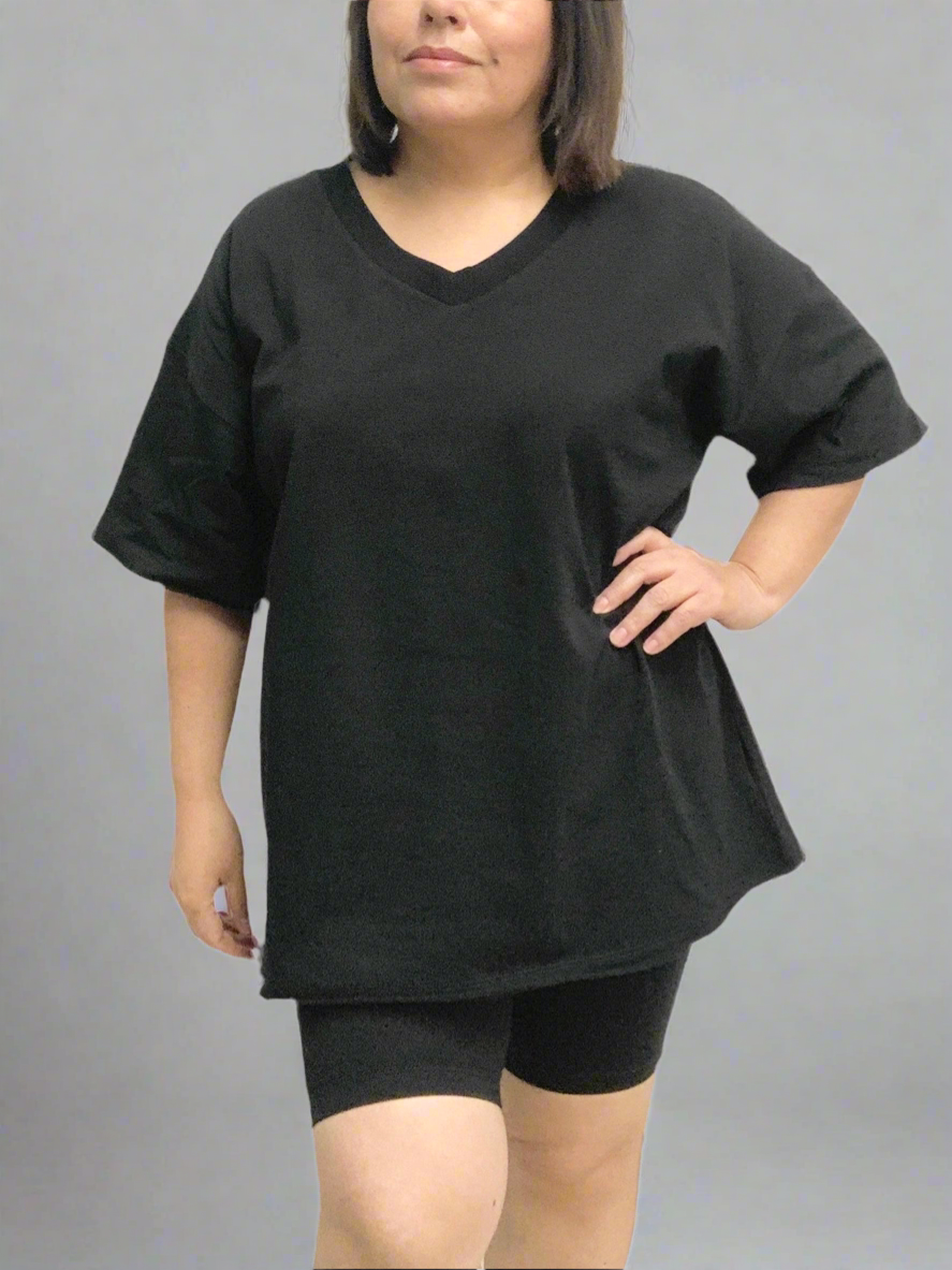 V-Neck Cotton Top & Biker Shorts Set