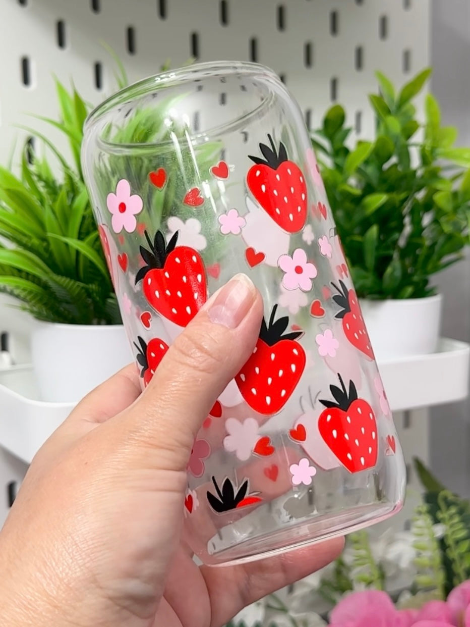 Strawberries & Flowers 16 oz Glass Cup with Lid and Straw