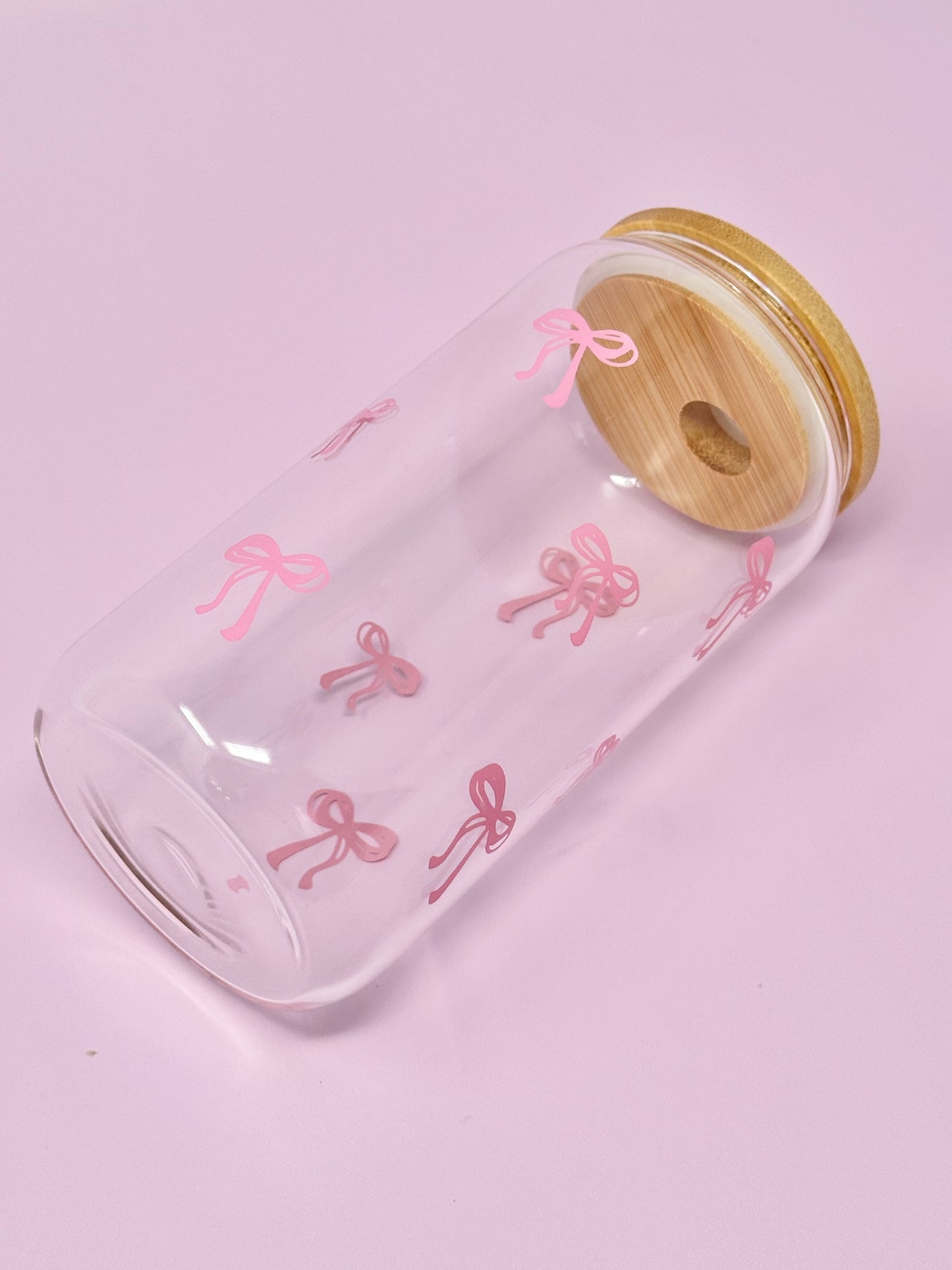 Pink Coquette Bow 16 oz Glass Cup with Lid and Straw