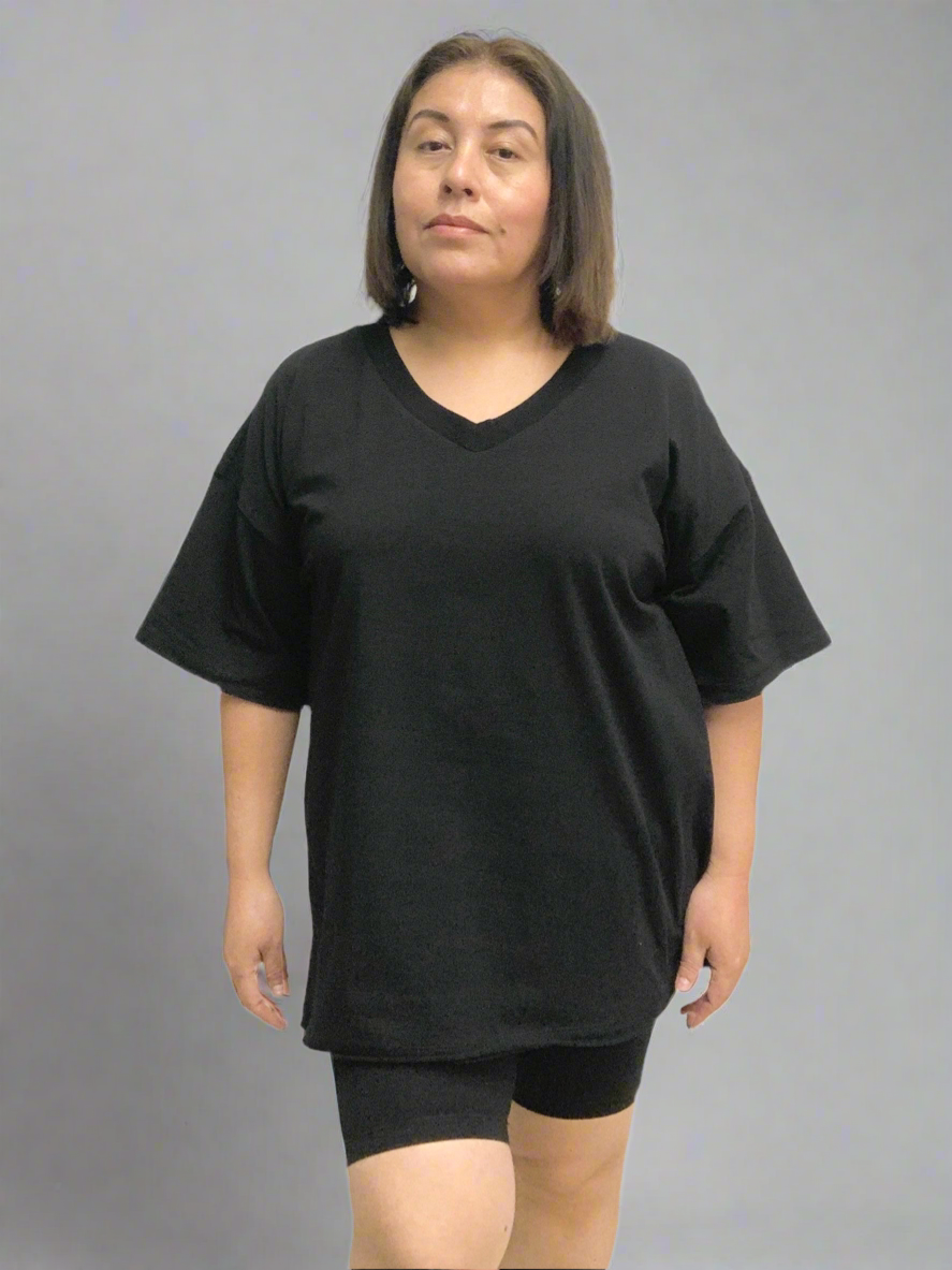 V-Neck Cotton Top & Biker Shorts Set