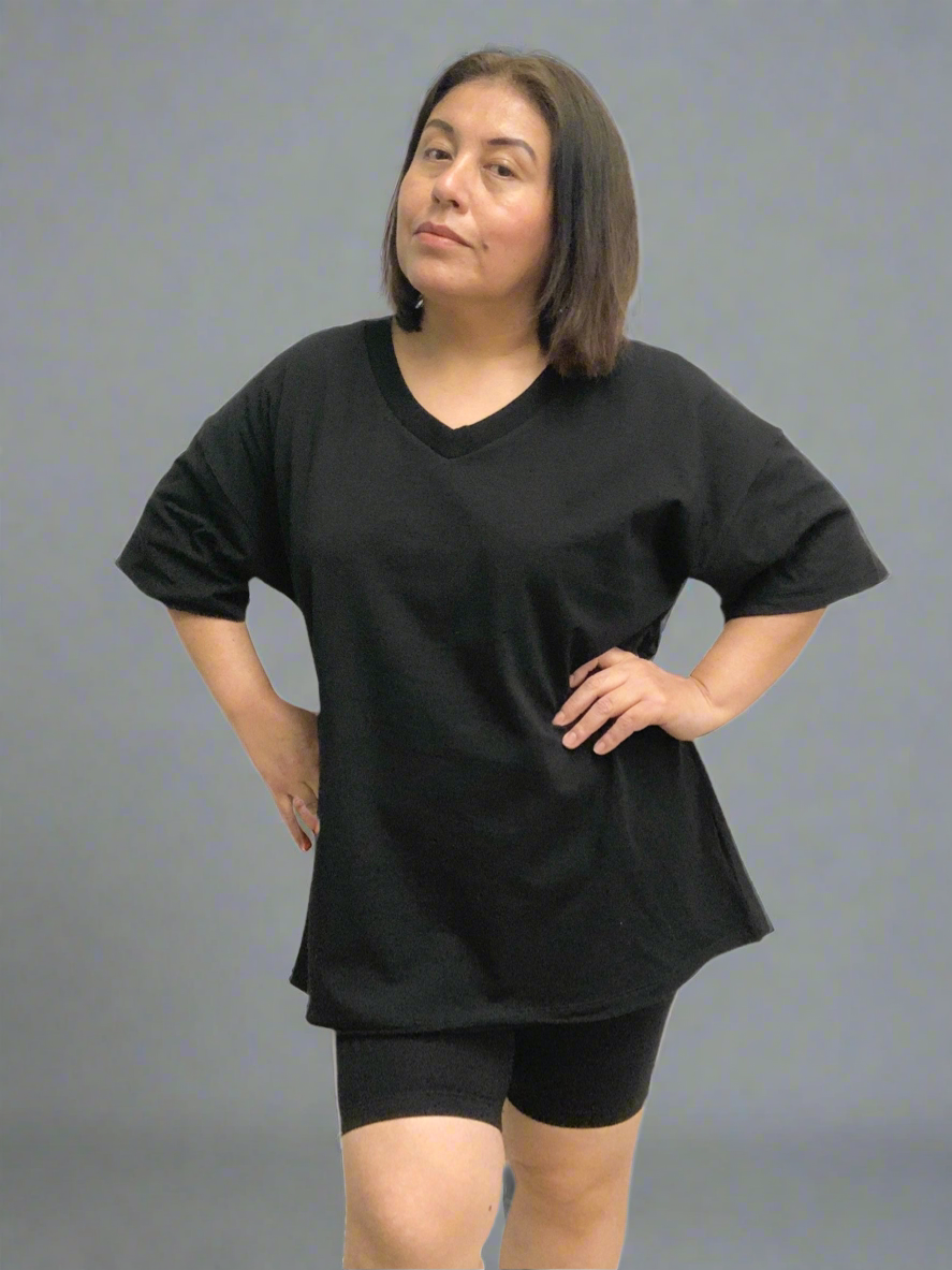 V-Neck Cotton Top & Biker Shorts Set