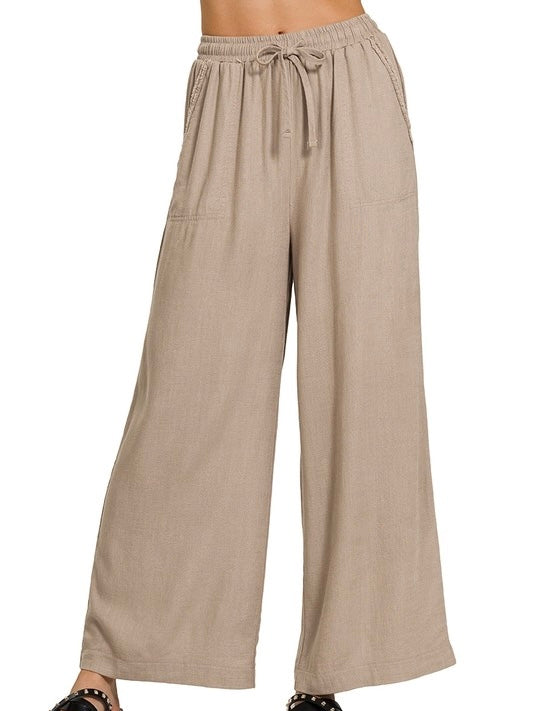 Wide Leg Linen Blend Pants With Pockets
