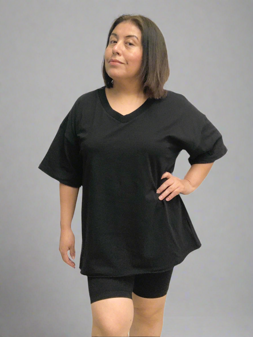 V-Neck Cotton Top & Biker Shorts Set