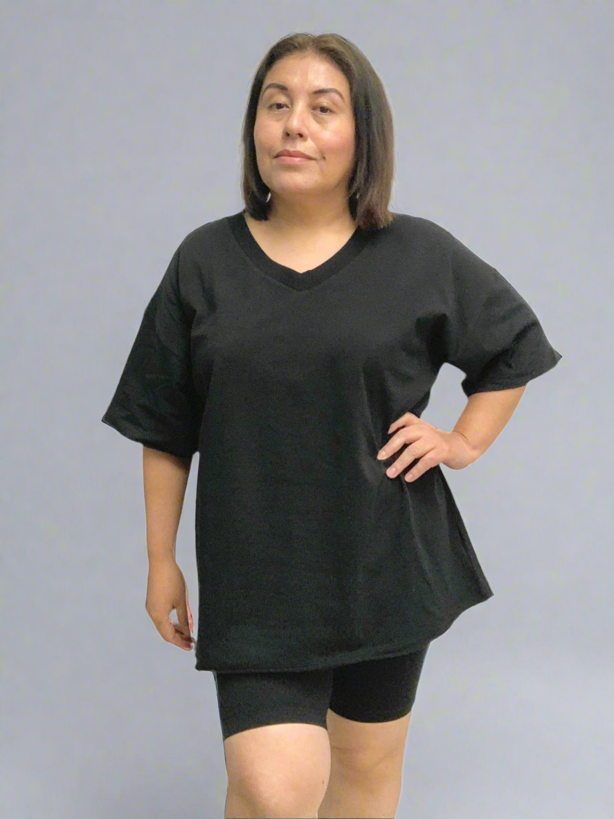 V-Neck Cotton Top & Biker Shorts Set