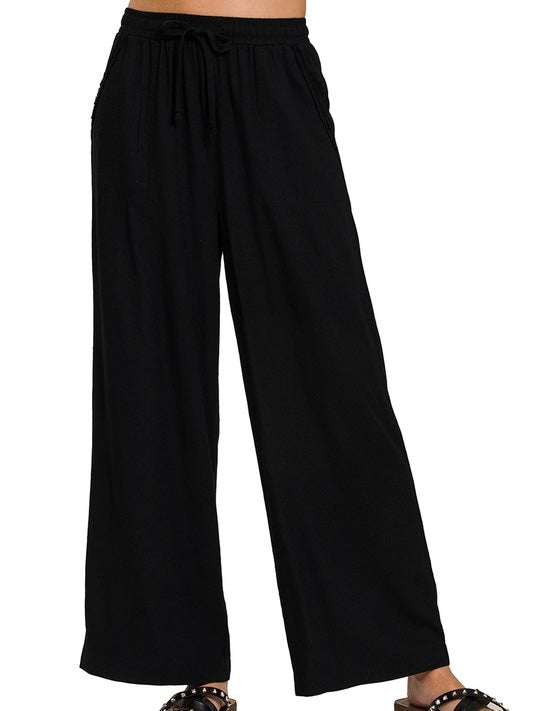 Wide Leg Linen Blend Pants With Pockets
