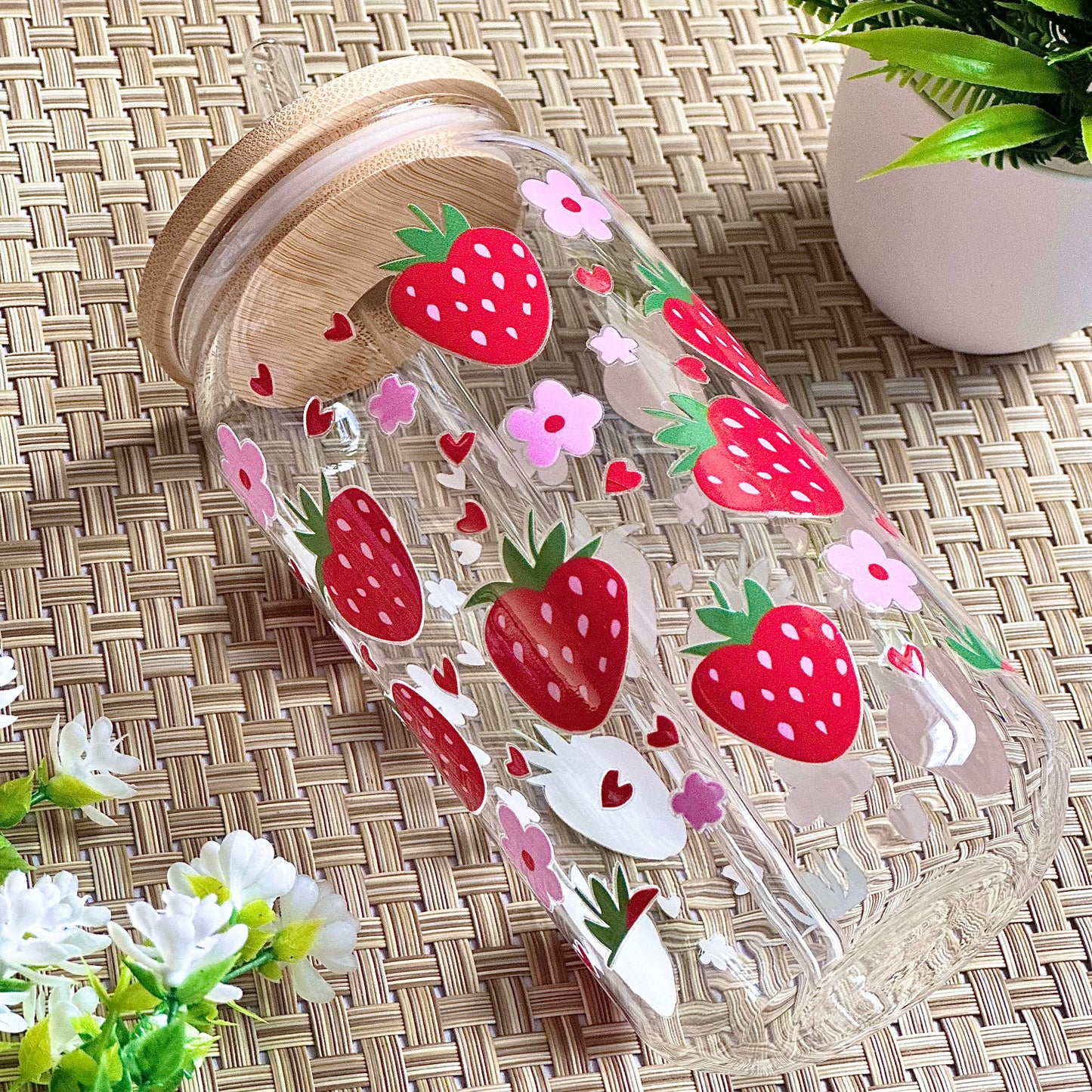 Strawberry & Flowers Glass Cup