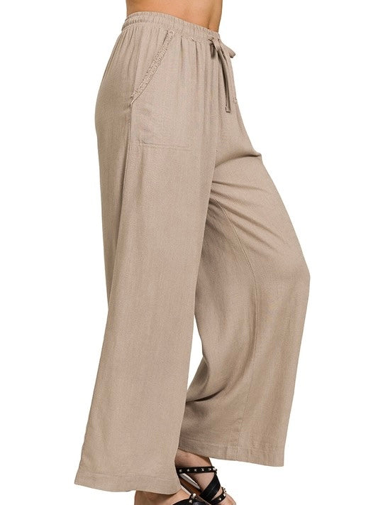 Wide Leg Linen Blend Pants With Pockets