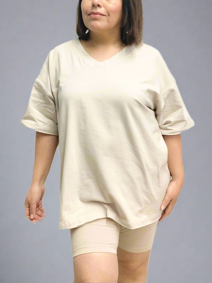 V-Neck Cotton Top & Biker Shorts Set