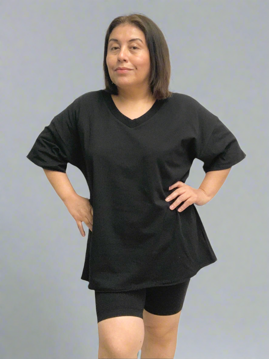 V-Neck Cotton Top & Biker Shorts Set